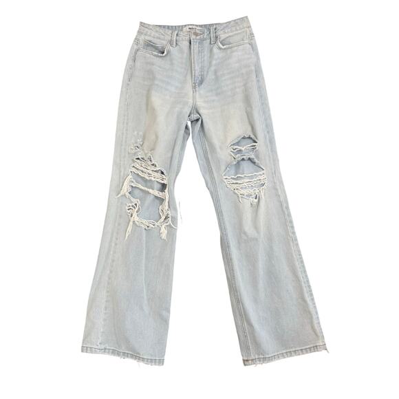 MICA Acid Wash Distressed Ripped Cut Out High Waist Straight Leg Jeans WMS Sz 27 - Picture 1 of 12